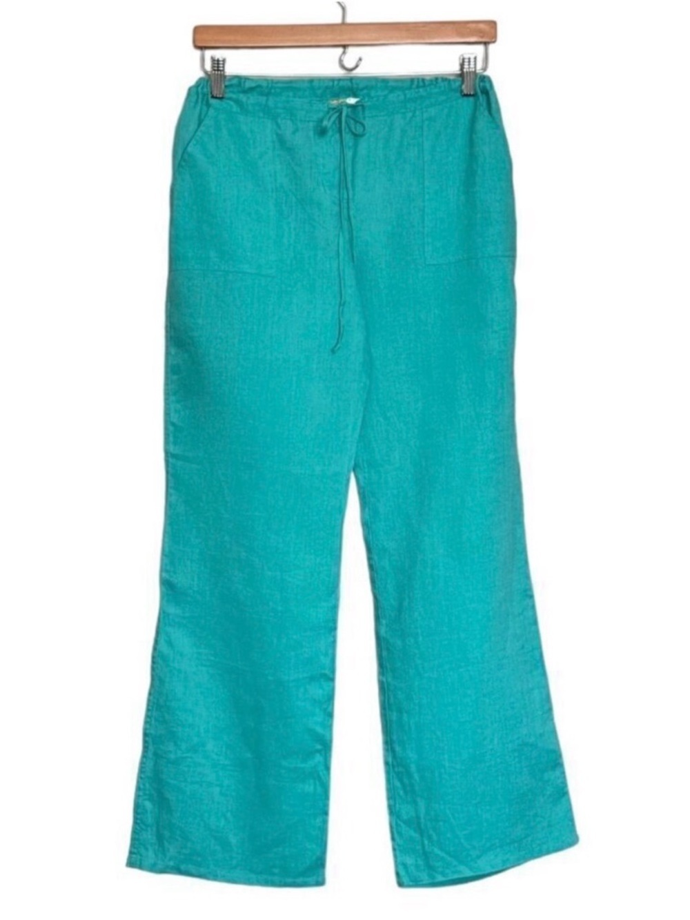 NWOT 100% Linen Wide Leg Pants Size M Teal Blue Drawstring Lagenlook Beach Boho